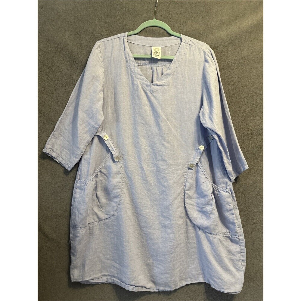 Match Point 100% Linen Dress Pockets 3/4 Sleeve Size Small Blue HLD1027‎ Coastal